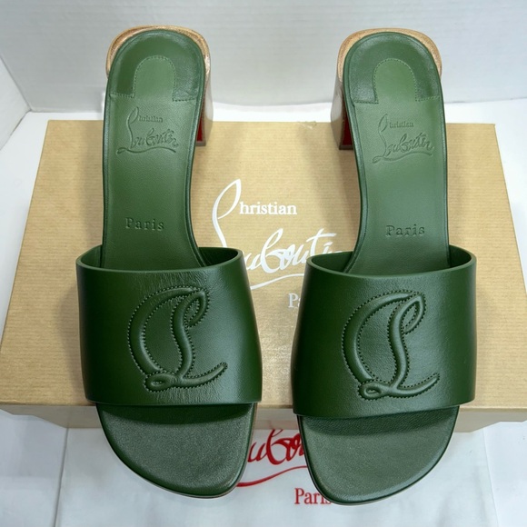 CHRISTIAN LOUBOUTIN SO CL MULE 55 SANDALS GREEN LEATHER CL LOGO SZ 39.5 NEW! - Picture 4 of 15